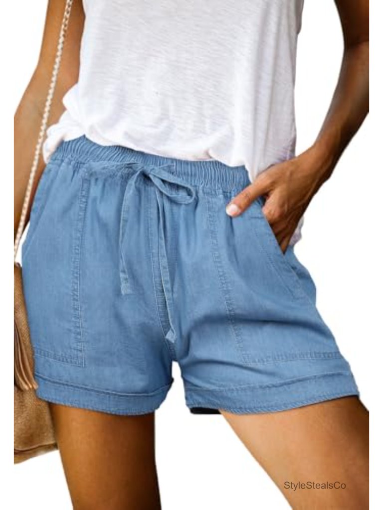 Women's Casual Drawstring Shorts, Elastic Waist, Pockets, Lightweight Cotton